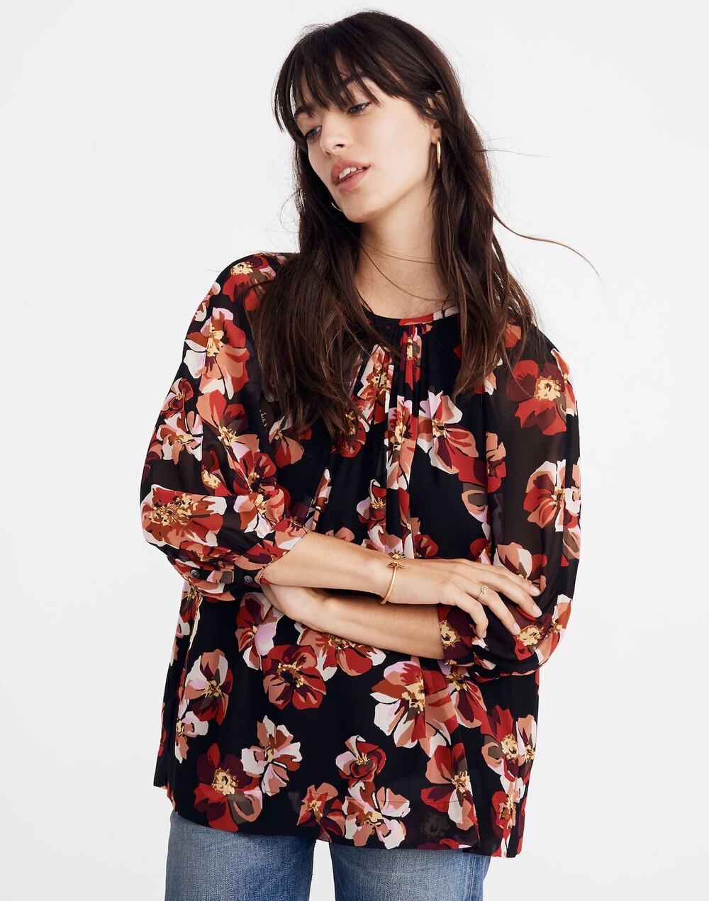 Madewell Black Floral Tie Back Pleated 3/4 Balloon Sleeve Tunic Blouse Top Sz XS